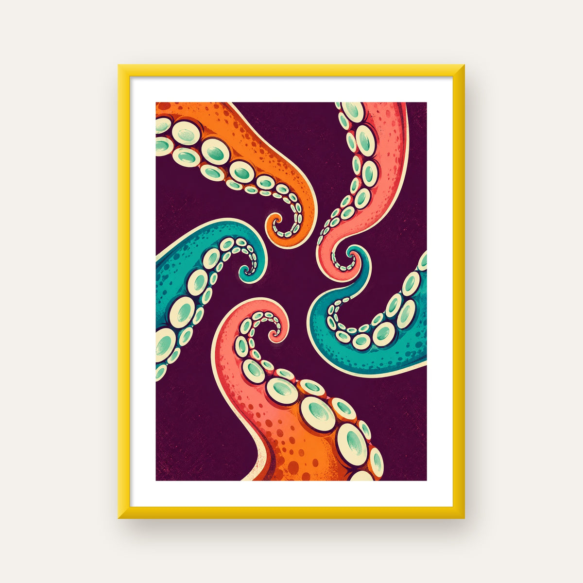 Renkli Ahtapot Kolları Dijital Poster – Modern Duvar Sanatı — sarı çerçeveli paspartulu