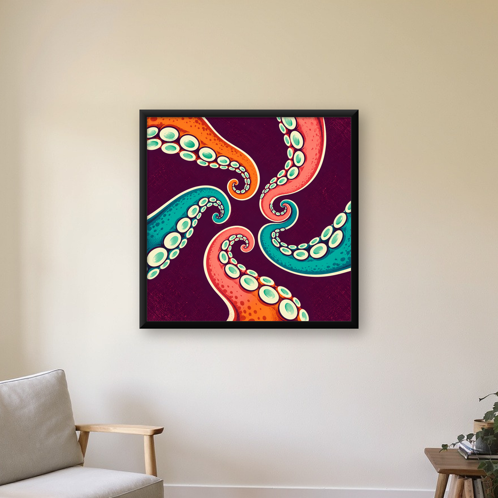 Renkli Ahtapot Kolları Dijital Poster – Modern Duvar Sanatı — Kare baskı, çerçeveli hâliyle bir ev duvarında