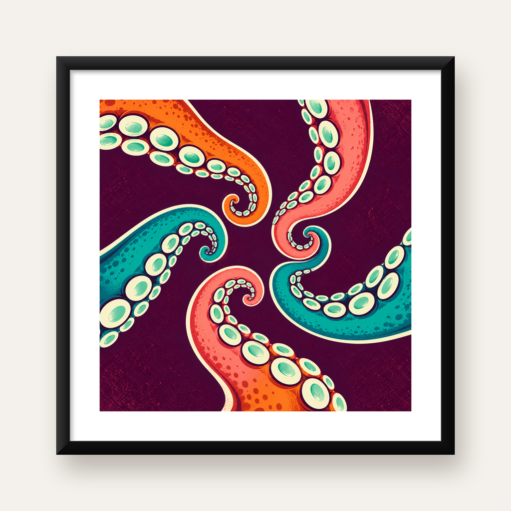 Renkli Ahtapot Kolları Dijital Poster – Modern Duvar Sanatı — Kare baskı, beyaz paspartulu