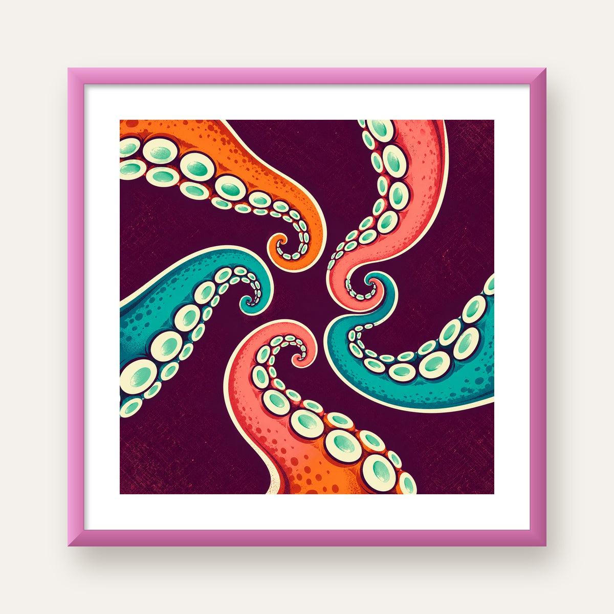Renkli Ahtapot Kolları Dijital Poster – Modern Duvar Sanatı — pembe çerçeveli paspartulu