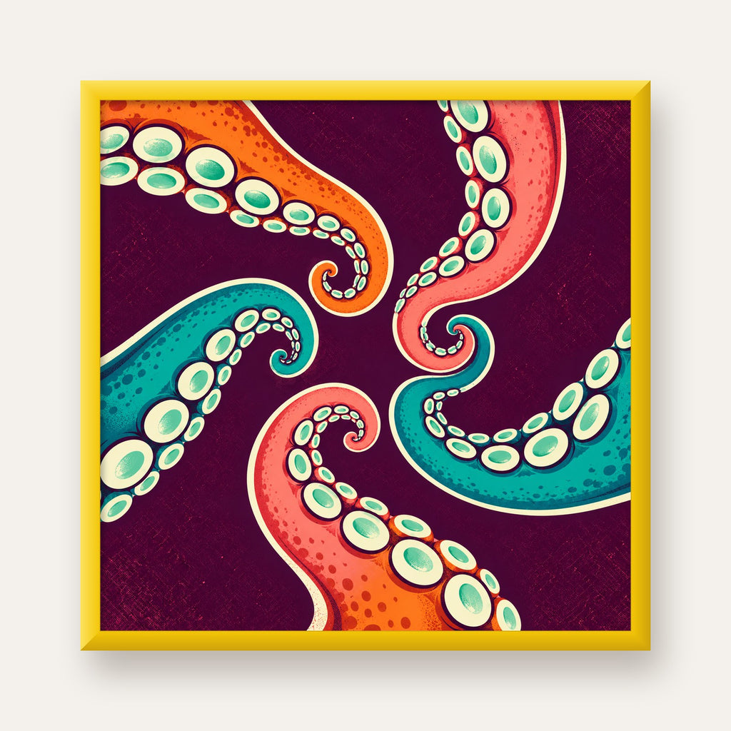 Renkli Ahtapot Kolları Dijital Poster – Modern Duvar Sanatı — sarı çerçeveli
