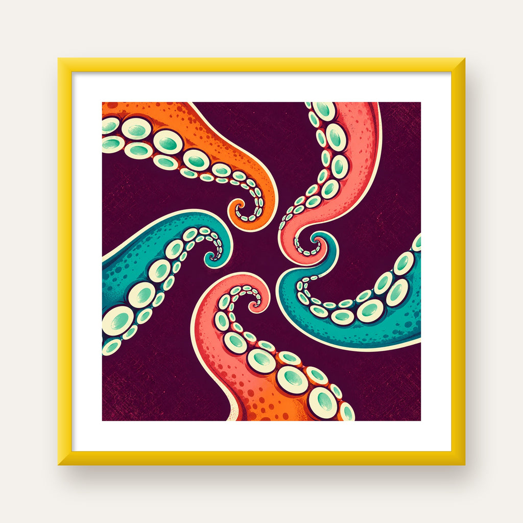 Renkli Ahtapot Kolları Dijital Poster – Modern Duvar Sanatı — sarı çerçeveli paspartulu