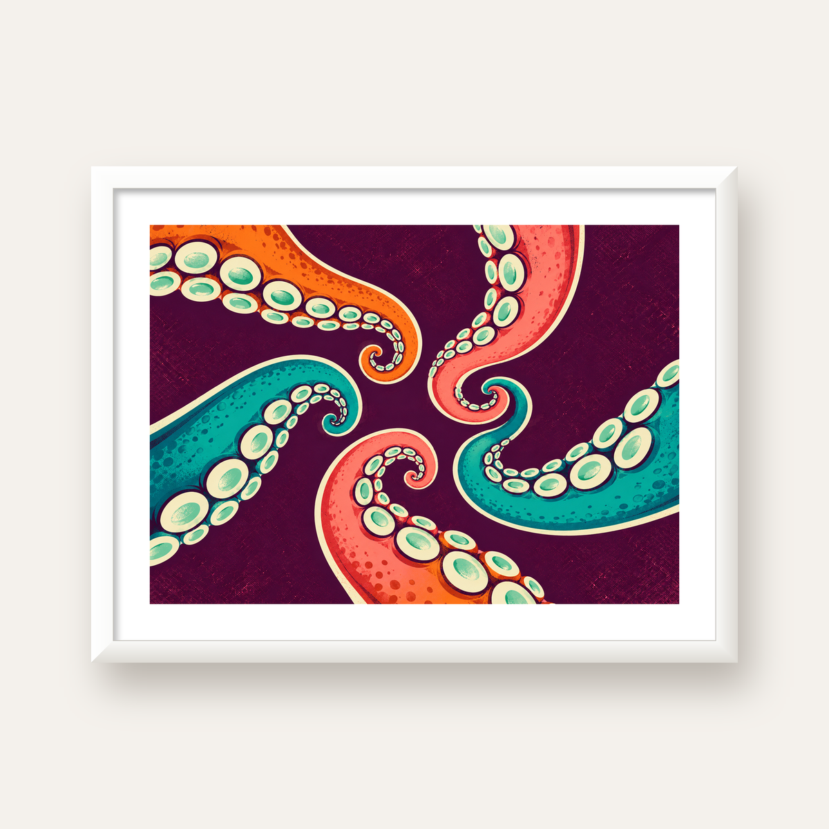 Renkli Ahtapot Kolları Dijital Poster – Modern Duvar Sanatı — beyaz çerçeveli yatay poster