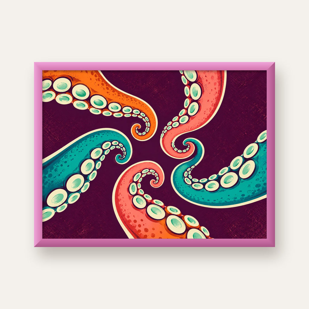 Renkli Ahtapot Kolları Dijital Poster – Modern Duvar Sanatı — pembe çerçeveli