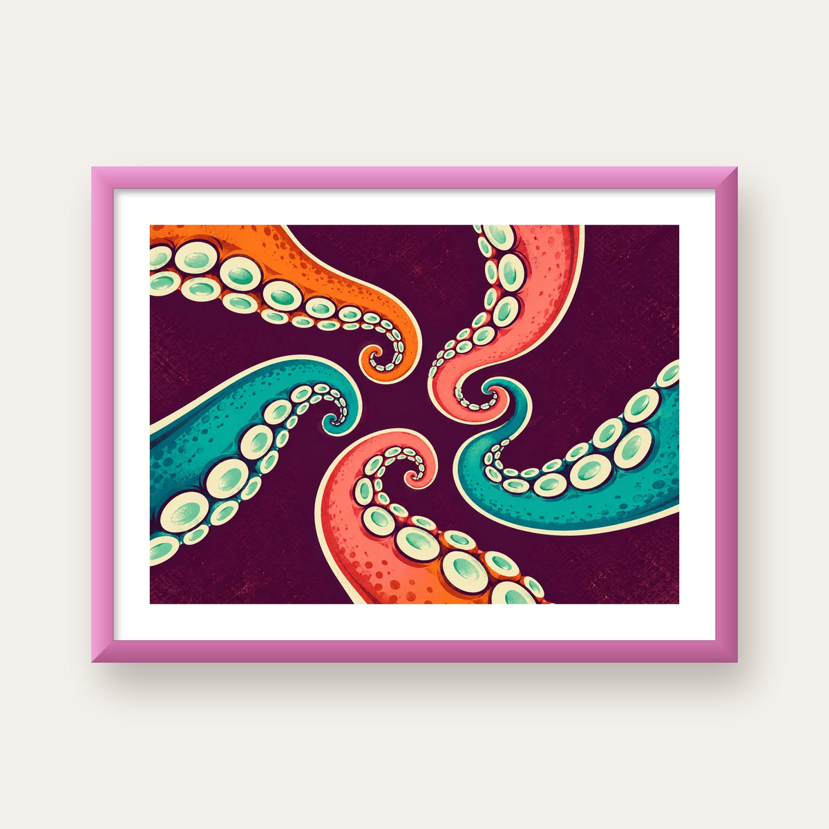 Renkli Ahtapot Kolları Dijital Poster – Modern Duvar Sanatı — pembe çerçeveli paspartulu