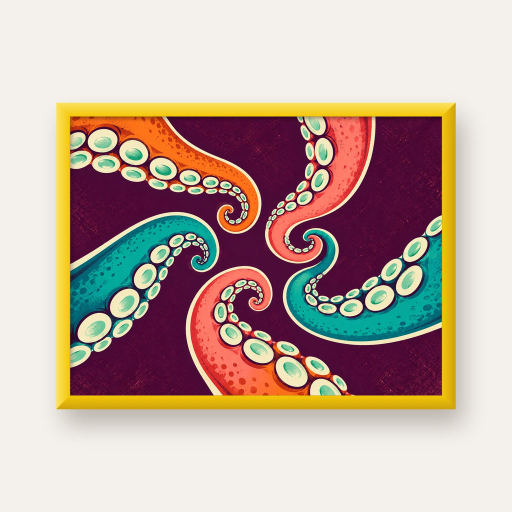 Renkli Ahtapot Kolları Dijital Poster – Modern Duvar Sanatı — sarı çerçeveli