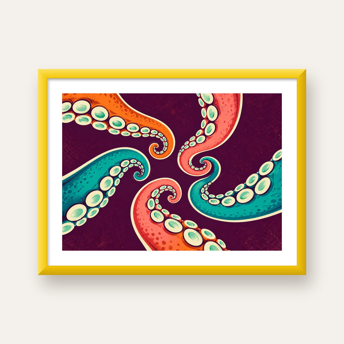 Renkli Ahtapot Kolları Dijital Poster – Modern Duvar Sanatı — sarı çerçeveli paspartulu