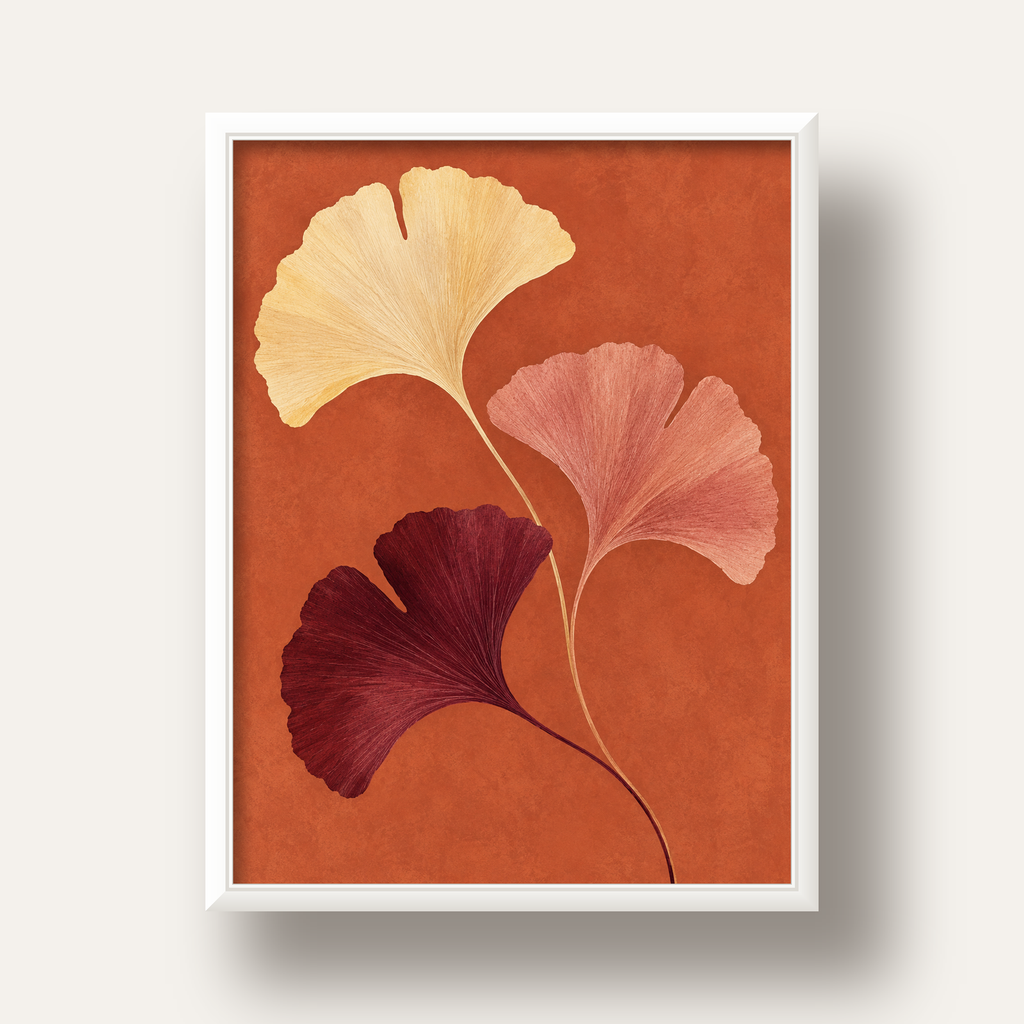 Terracotta Ginkgo Yaprakları Botanik Poster — beyaz derin çerçeveli