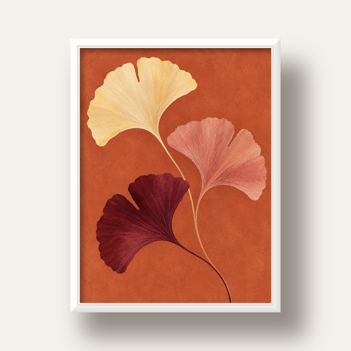 Terracotta Ginkgo Yaprakları Botanik Poster — beyaz derin çerçeveli