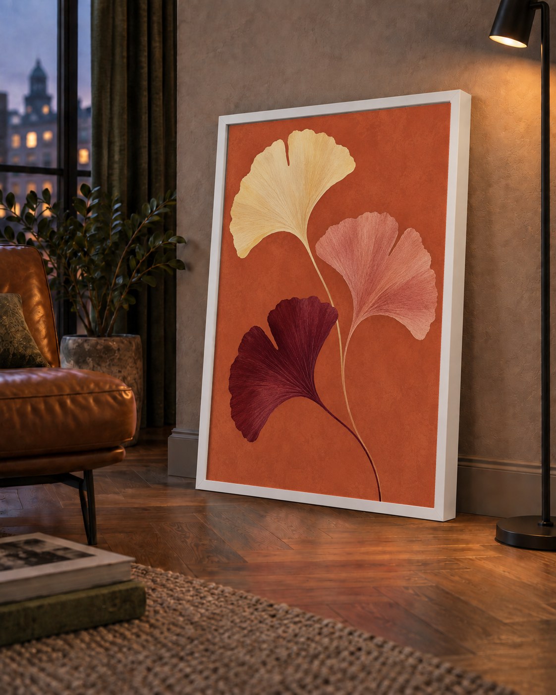 Terracotta Ginkgo Yaprakları Botanik Poster — çerçeveli hâliyle bir ev duvarında