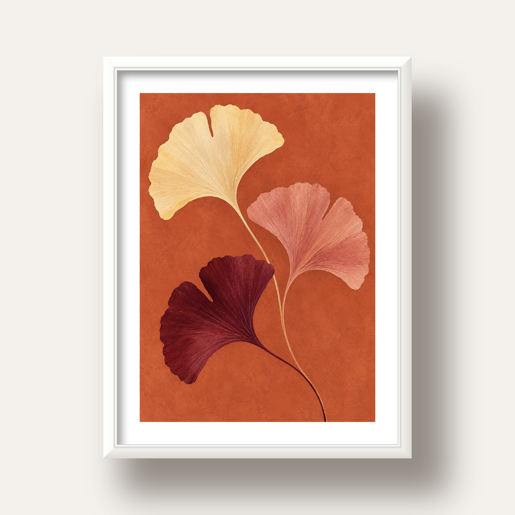 Terracotta Ginkgo Yaprakları Botanik Poster — beyaz derin çerçeveli paspartulu