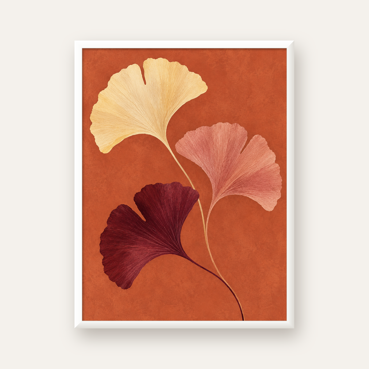 Terracotta Ginkgo Yaprakları Botanik Poster — beyaz çerçeveli dikey poster