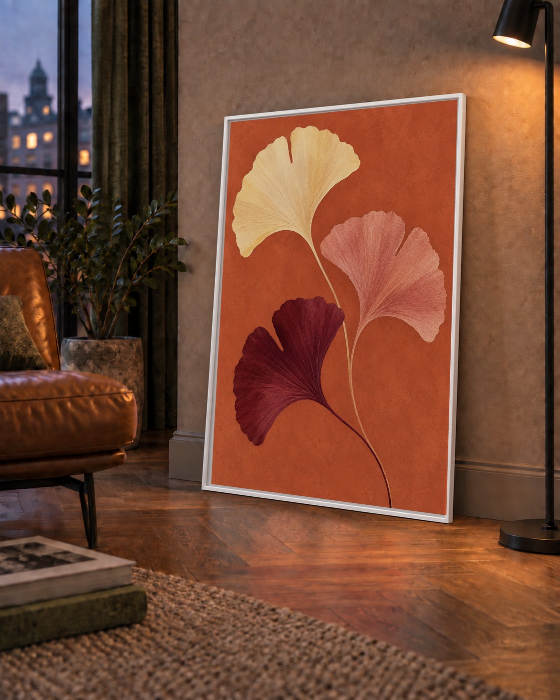 Terracotta Ginkgo Yaprakları Botanik Poster — çerçeveli hâliyle bir ev duvarında