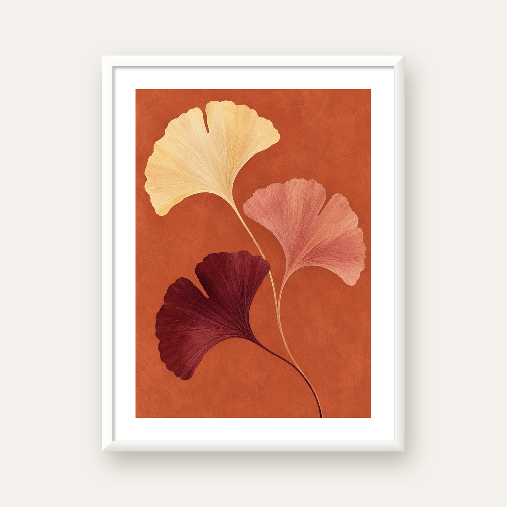 Terracotta Ginkgo Yaprakları Botanik Poster — beyaz çerçeveli dikey poster
