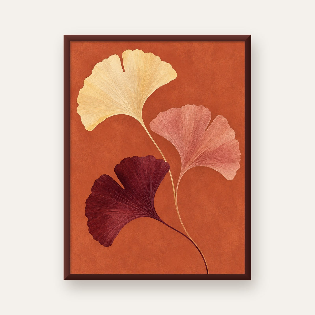 Terracotta Ginkgo Yaprakları Botanik Poster — ceviz çerçeveli