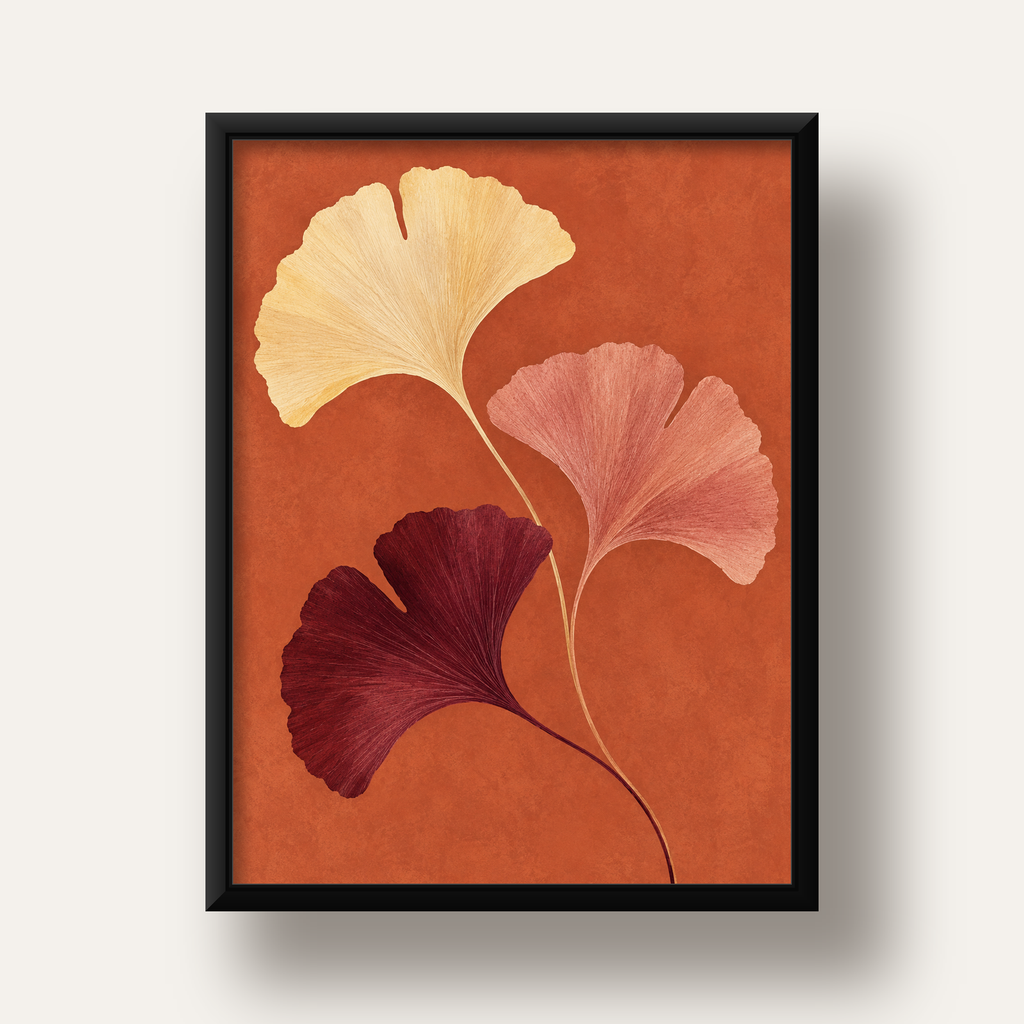 Terracotta Ginkgo Yaprakları Botanik Poster — siyah derin çerçeveli