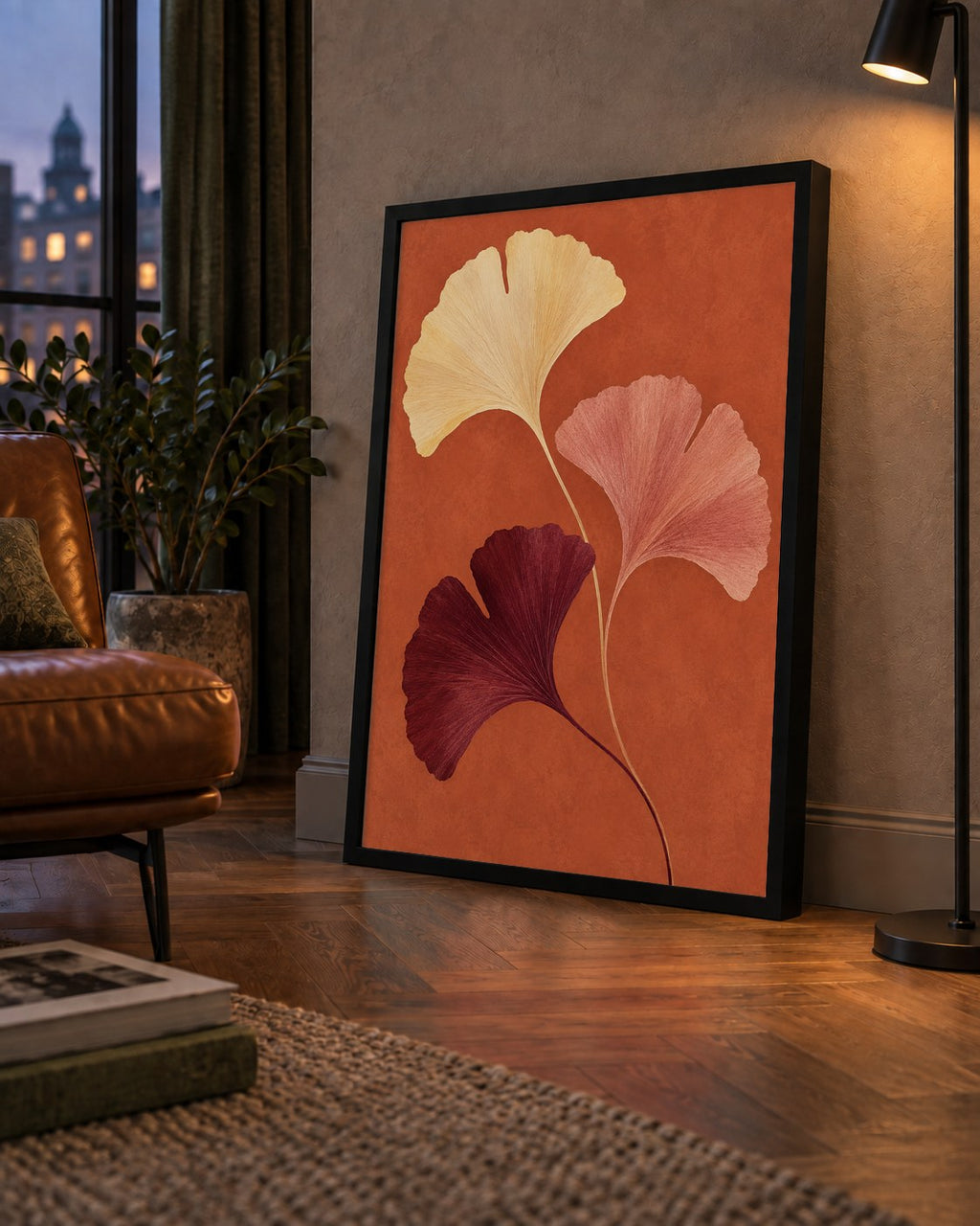 Terracotta Ginkgo Yaprakları Botanik Poster — çerçeveli hâliyle bir ev duvarında