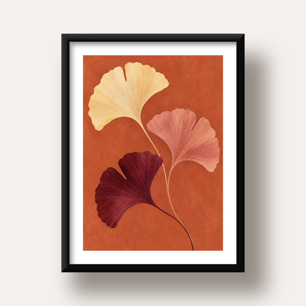 Terracotta Ginkgo Yaprakları Botanik Poster — siyah derin çerçeveli paspartulu