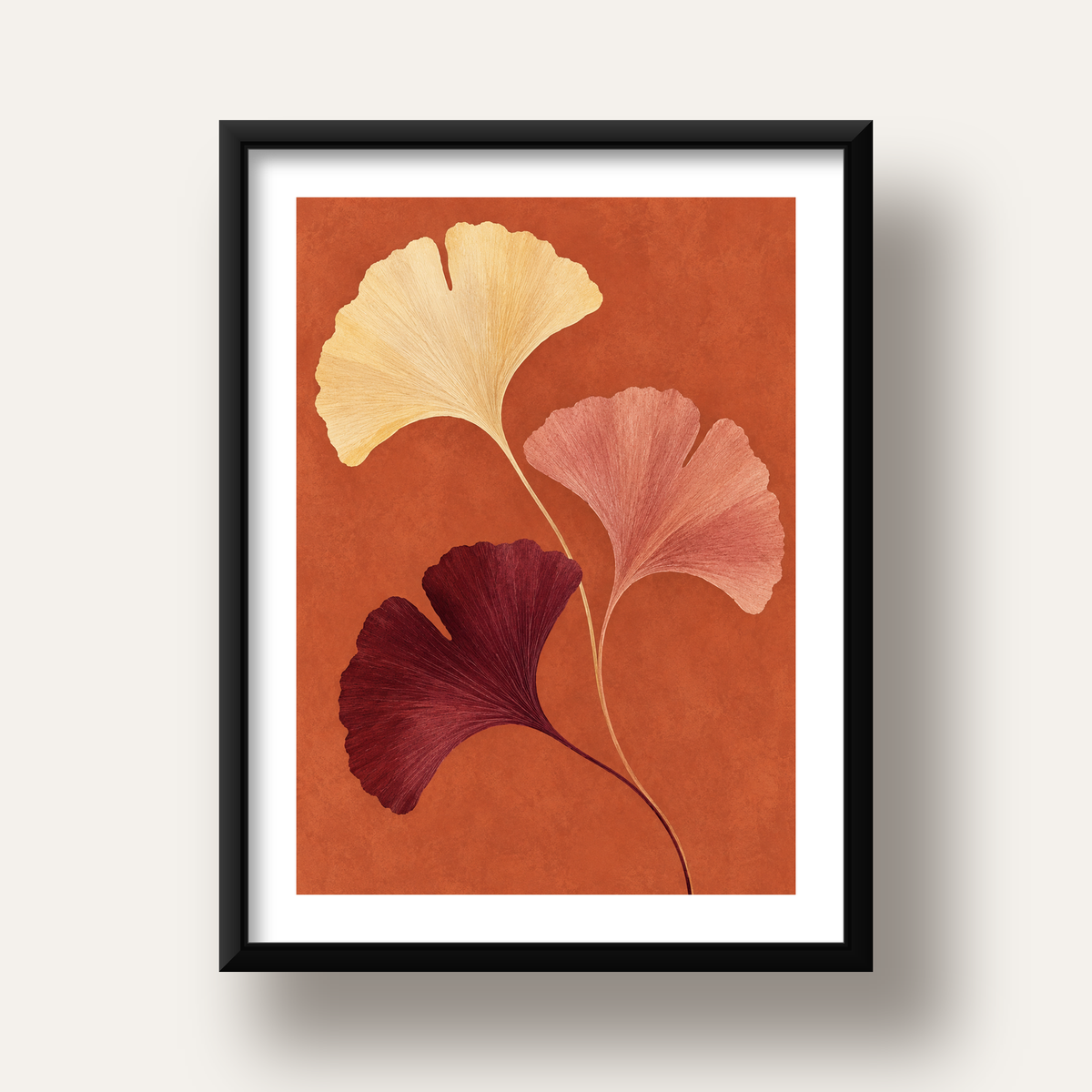 Terracotta Ginkgo Yaprakları Botanik Poster — siyah derin çerçeveli paspartulu