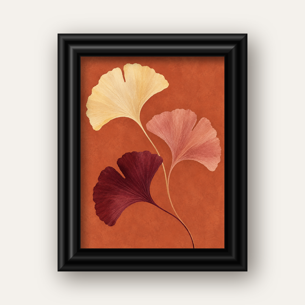 Terracotta Ginkgo Yaprakları Botanik Poster — siyah galeri çerçeveli