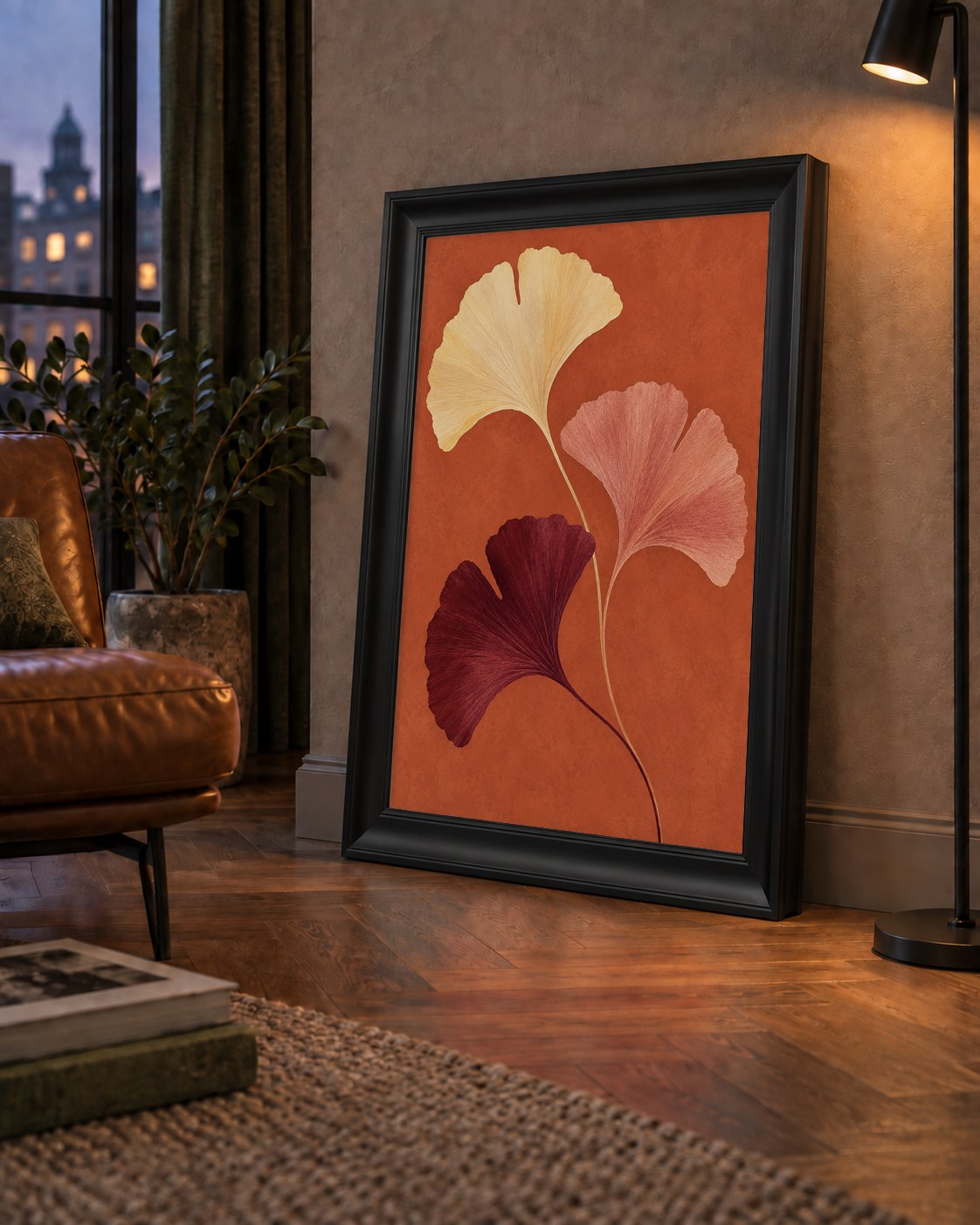 Terracotta Ginkgo Yaprakları Botanik Poster — çerçeveli hâliyle bir ev duvarında