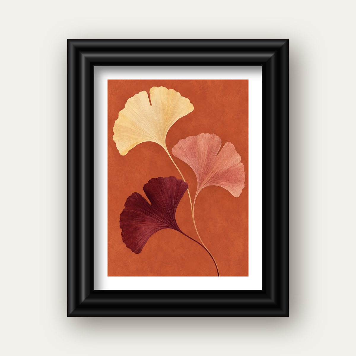 Terracotta Ginkgo Yaprakları Botanik Poster — siyah galeri çerçeveli paspartulu