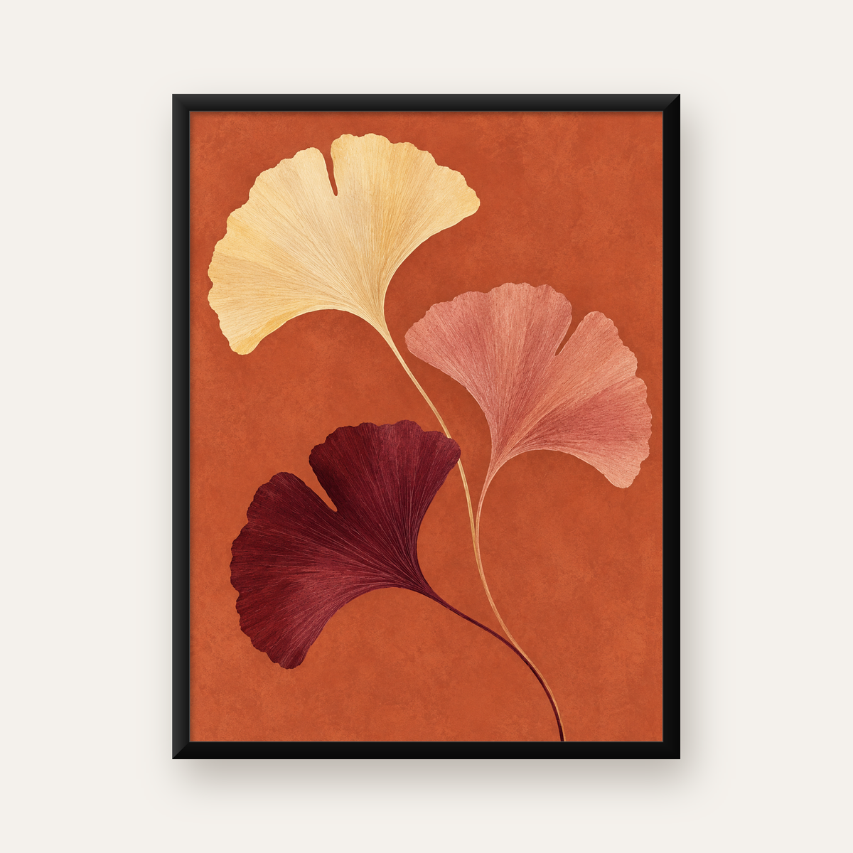 Soyut Gingko Yaprakları Modern Sanat Poster — Dikey baskı, düz siyah çerçeveli duvar posteri