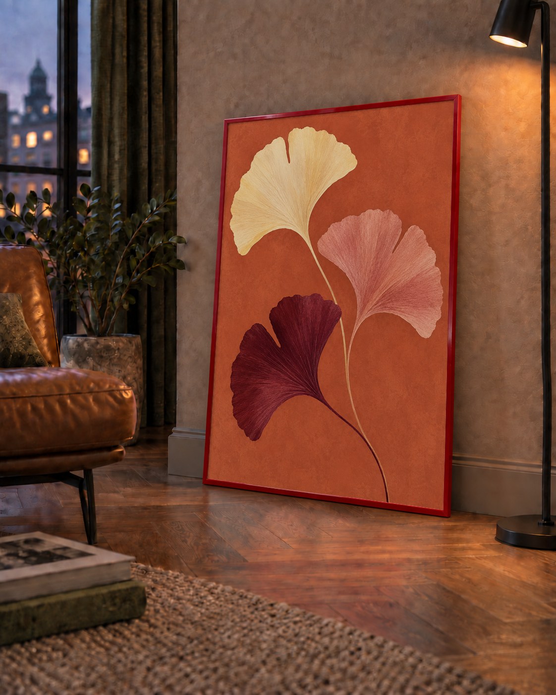 Terracotta Ginkgo Yaprakları Botanik Poster — çerçeveli hâliyle bir ev duvarında