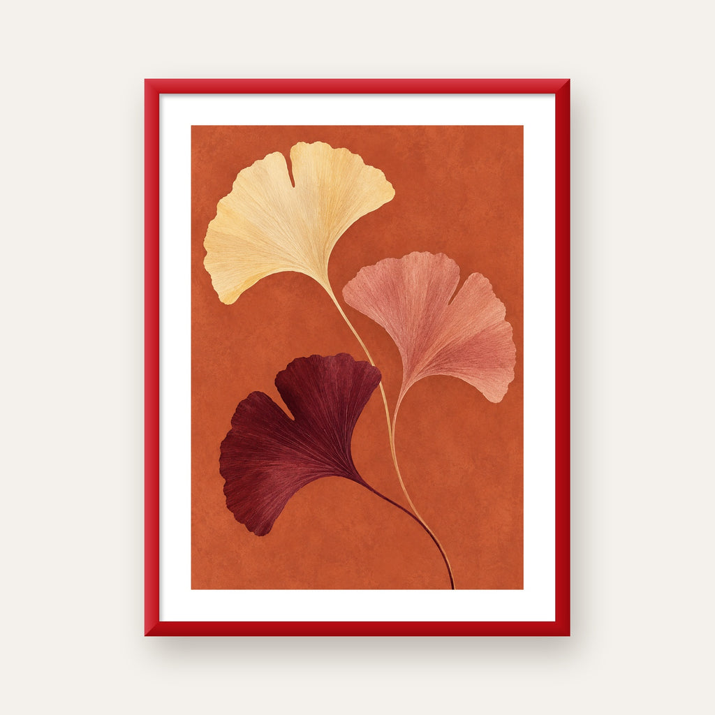 Terracotta Ginkgo Yaprakları Botanik Poster — kırmızı çerçeveli paspartulu