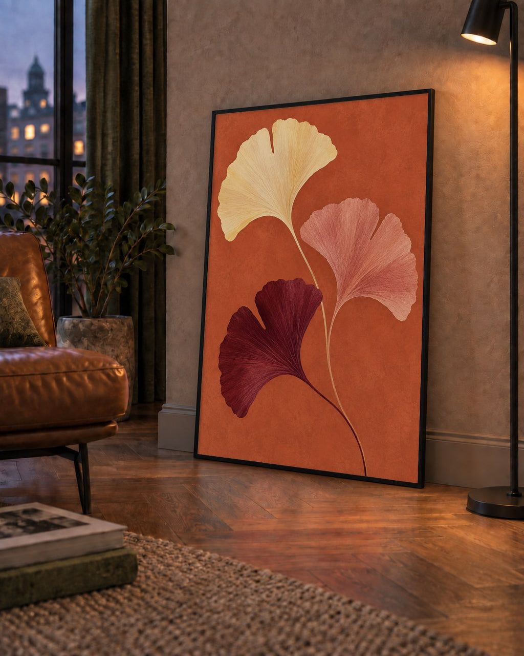 Terracotta Ginkgo Yaprakları Botanik Poster — çerçeveli hâliyle bir ev duvarında