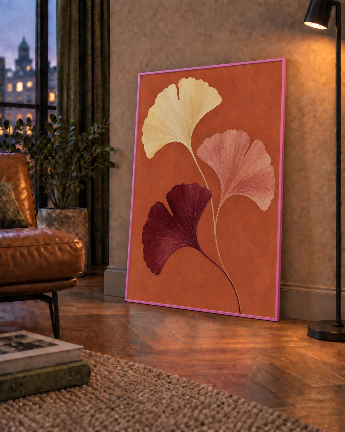 Terracotta Ginkgo Yaprakları Botanik Poster — çerçeveli hâliyle bir ev duvarında