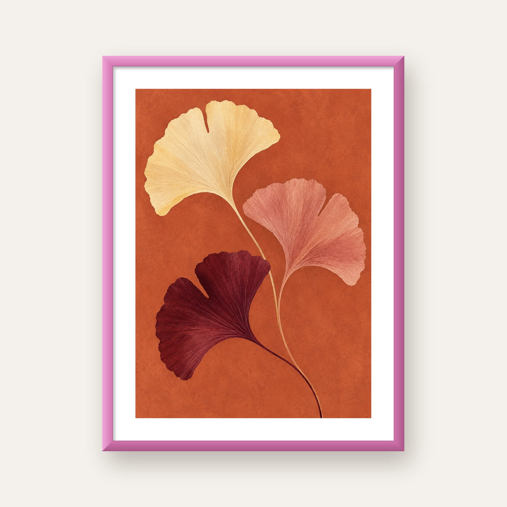 Terracotta Ginkgo Yaprakları Botanik Poster — pembe çerçeveli paspartulu