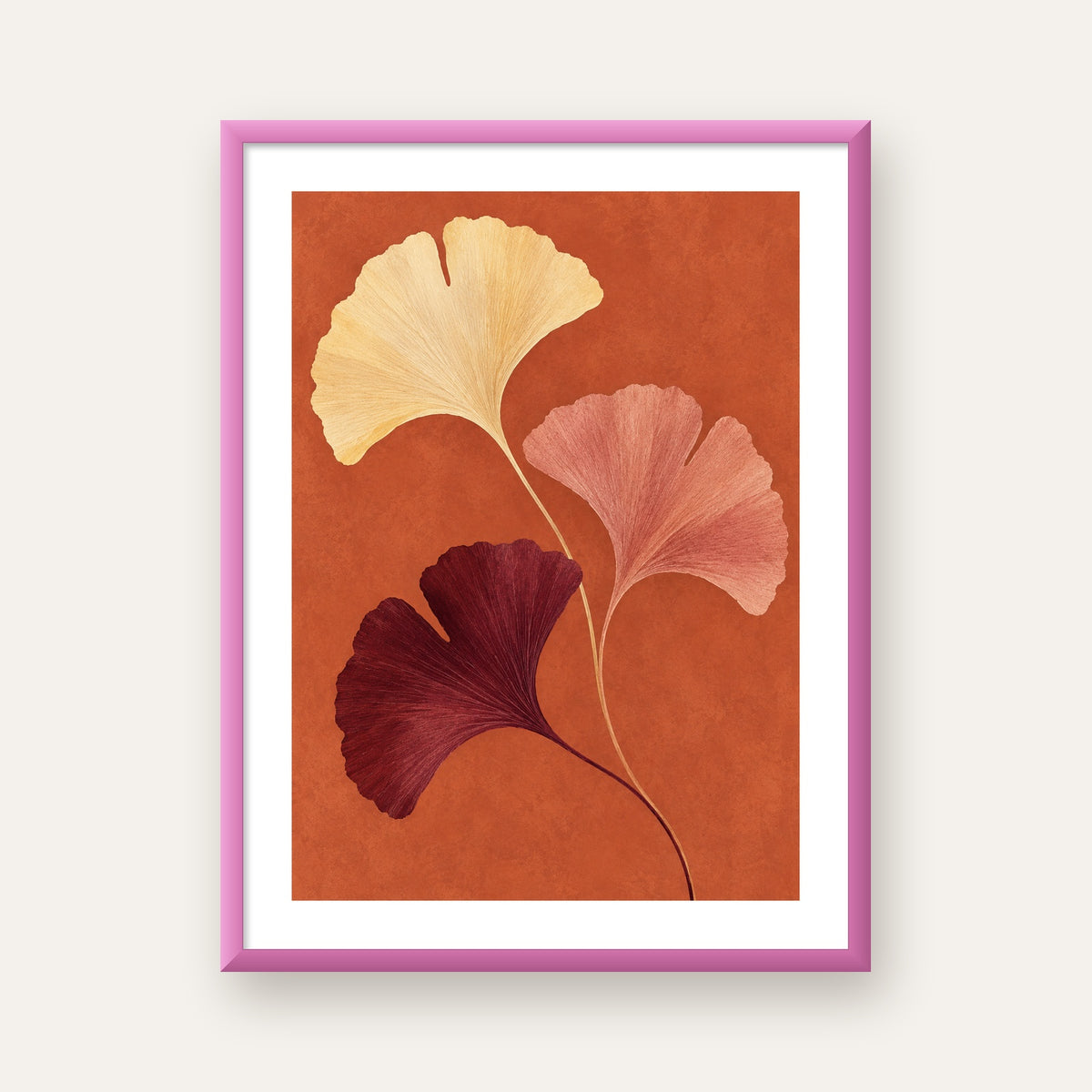 Terracotta Ginkgo Yaprakları Botanik Poster — pembe çerçeveli paspartulu