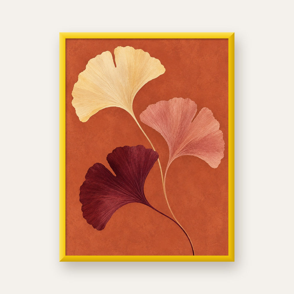 Terracotta Ginkgo Yaprakları Botanik Poster — sarı çerçeveli