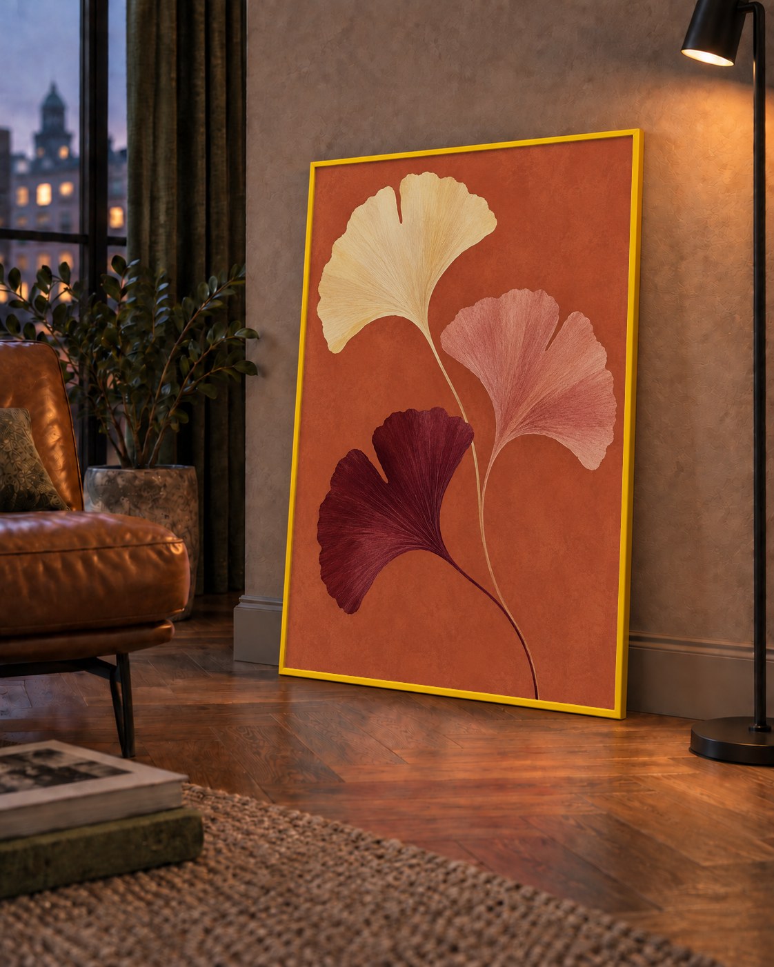 Terracotta Ginkgo Yaprakları Botanik Poster — çerçeveli hâliyle bir ev duvarında