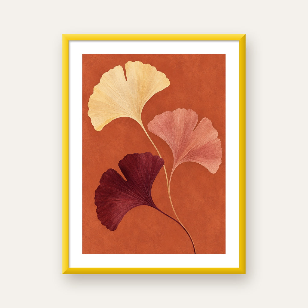 Terracotta Ginkgo Yaprakları Botanik Poster — sarı çerçeveli paspartulu