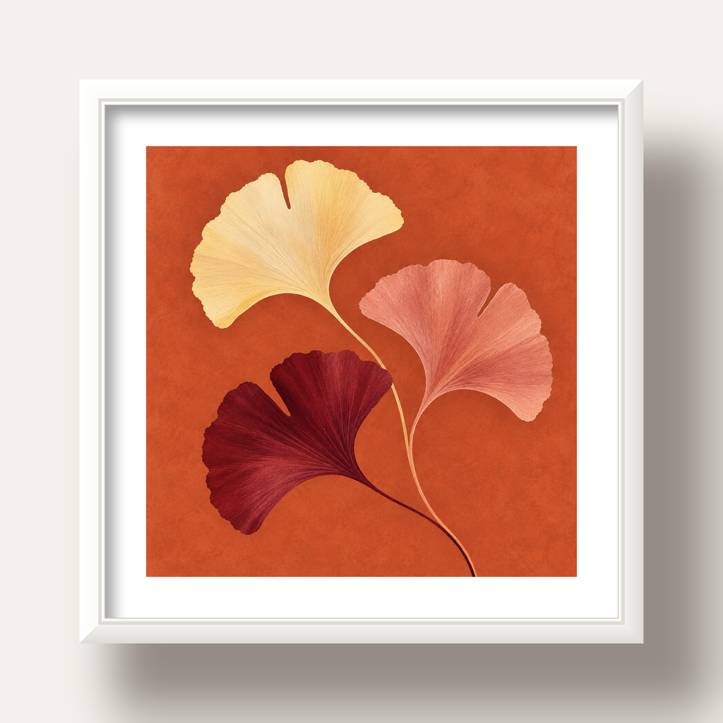 Terracotta Ginkgo Yaprakları Botanik Poster — beyaz derin çerçeveli paspartulu