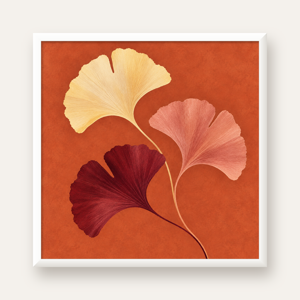 Terracotta Ginkgo Yaprakları Botanik Poster — beyaz çerçeveli kare poster