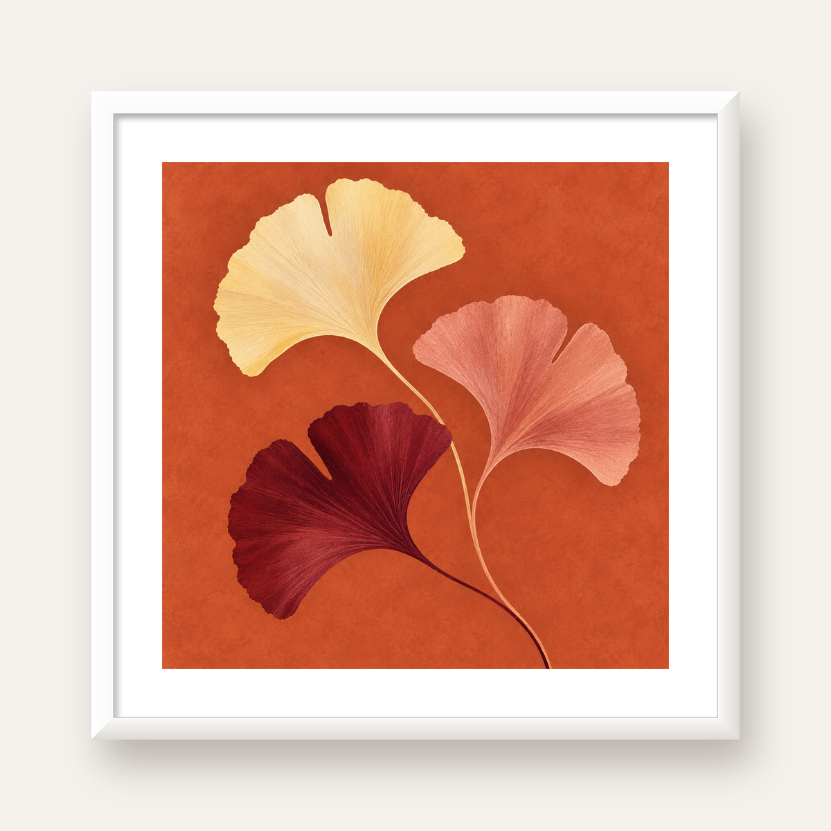 Terracotta Ginkgo Yaprakları Botanik Poster — beyaz çerçeveli kare poster