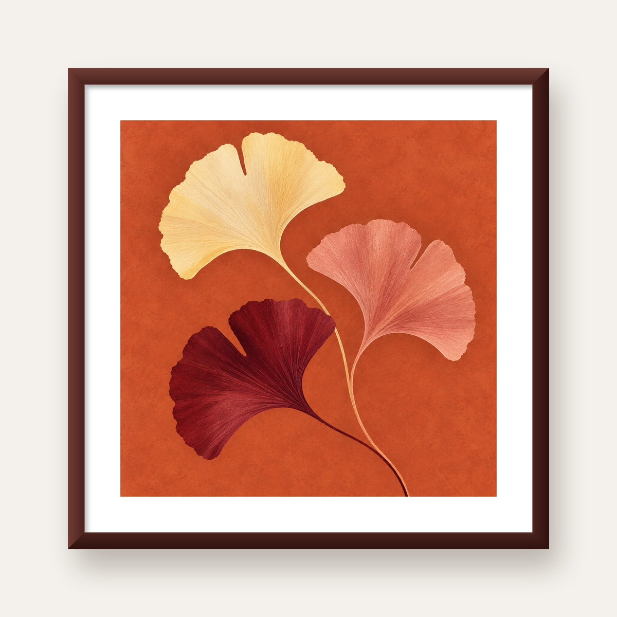 Terracotta Ginkgo Yaprakları Botanik Poster — ceviz çerçeveli paspartulu