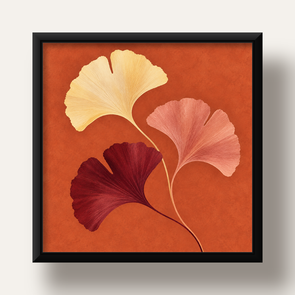 Terracotta Ginkgo Yaprakları Botanik Poster — siyah derin çerçeveli