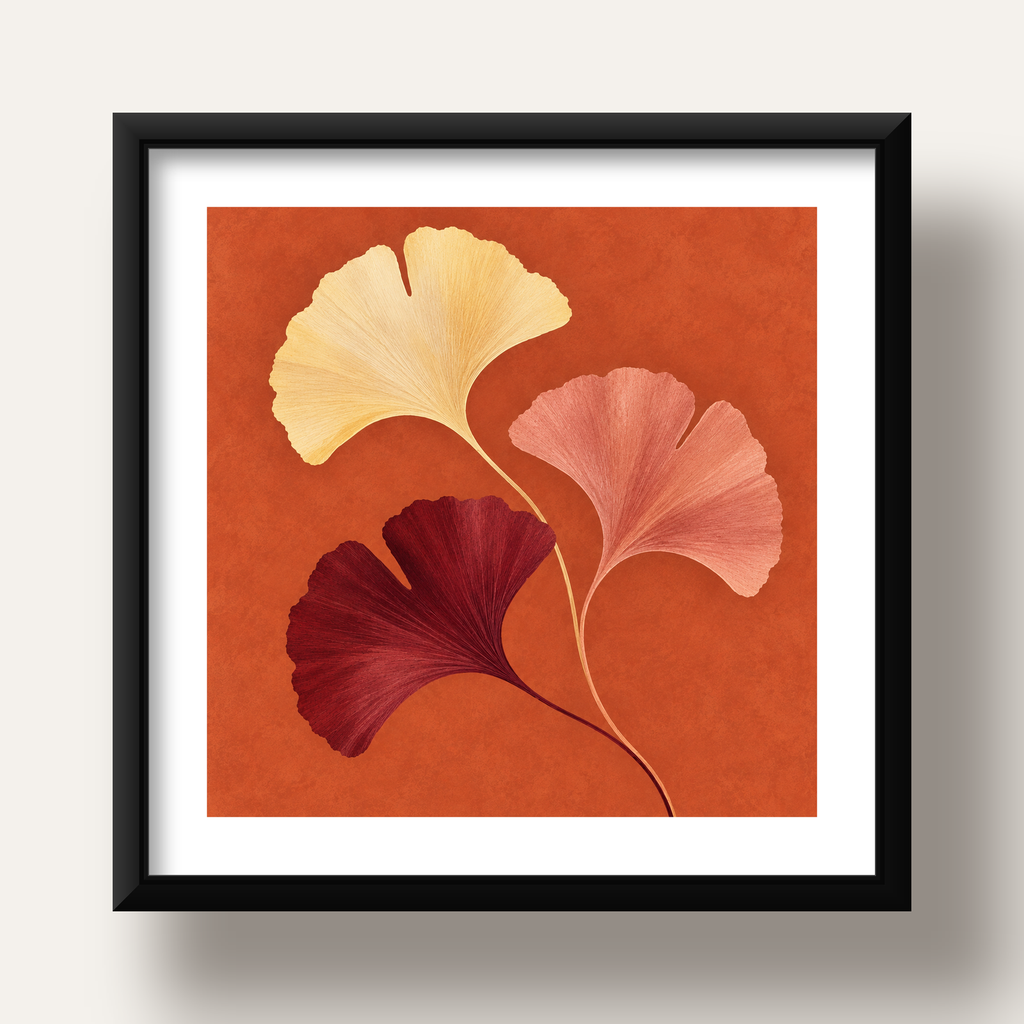 Terracotta Ginkgo Yaprakları Botanik Poster — siyah derin çerçeveli paspartulu