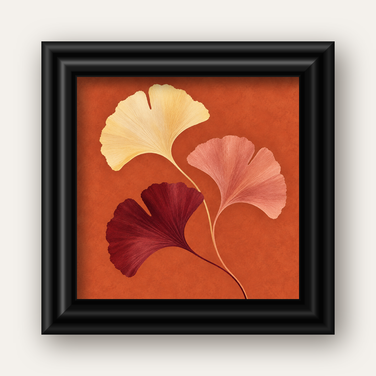 Terracotta Ginkgo Yaprakları Botanik Poster — siyah galeri çerçeveli