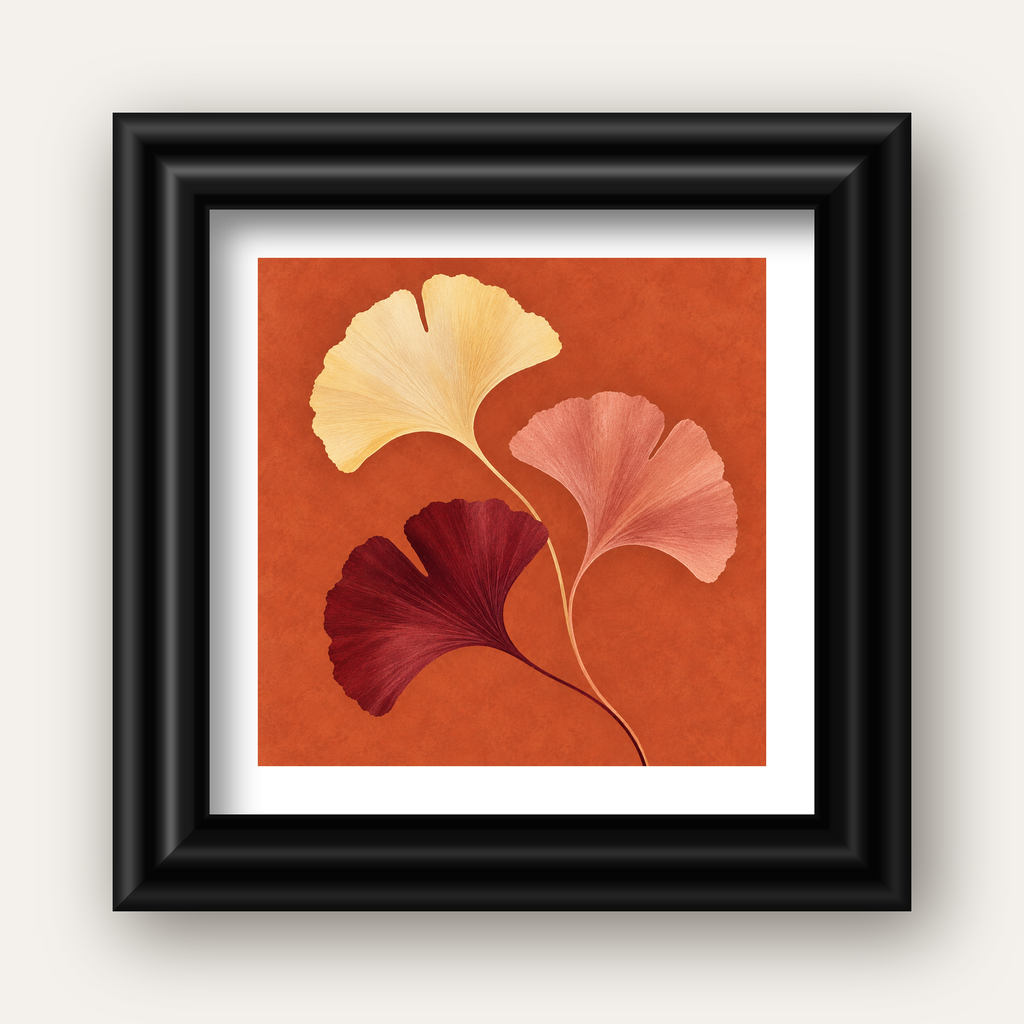 Terracotta Ginkgo Yaprakları Botanik Poster — siyah galeri çerçeveli paspartulu