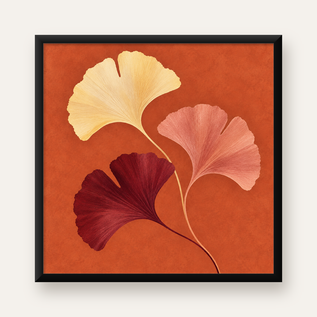 Soyut Gingko Yaprakları Modern Sanat Poster — Kare baskı, düz siyah çerçeveli duvar posteri