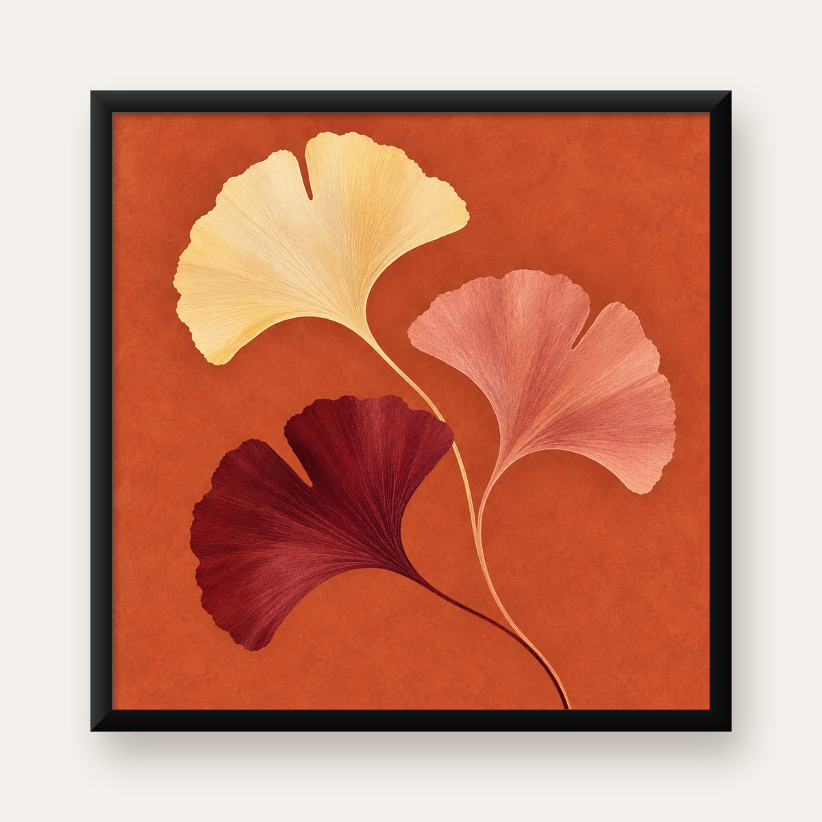 Soyut Gingko Yaprakları Modern Sanat Poster — Kare baskı, düz siyah çerçeveli duvar posteri