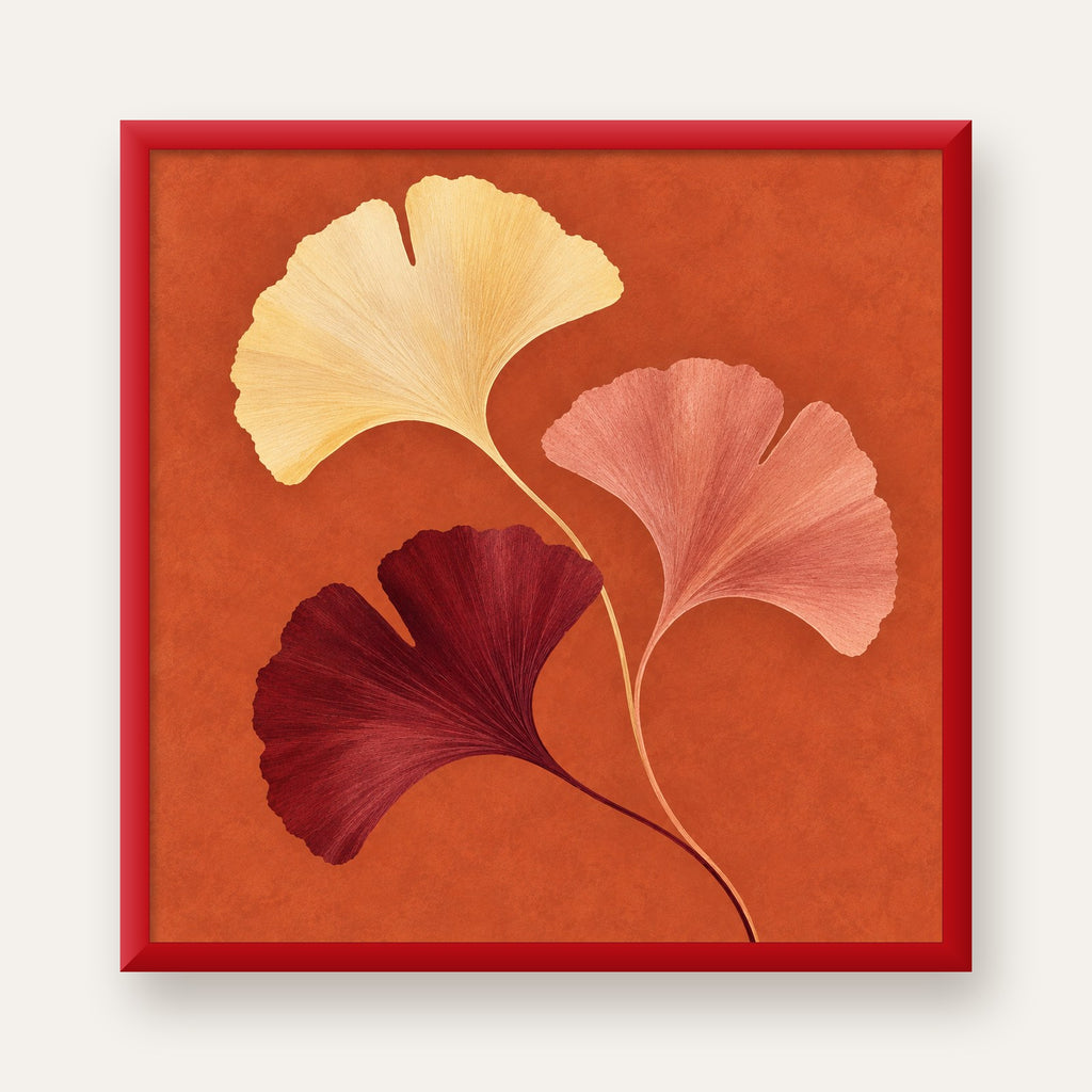 Terracotta Ginkgo Yaprakları Botanik Poster — kırmızı çerçeveli