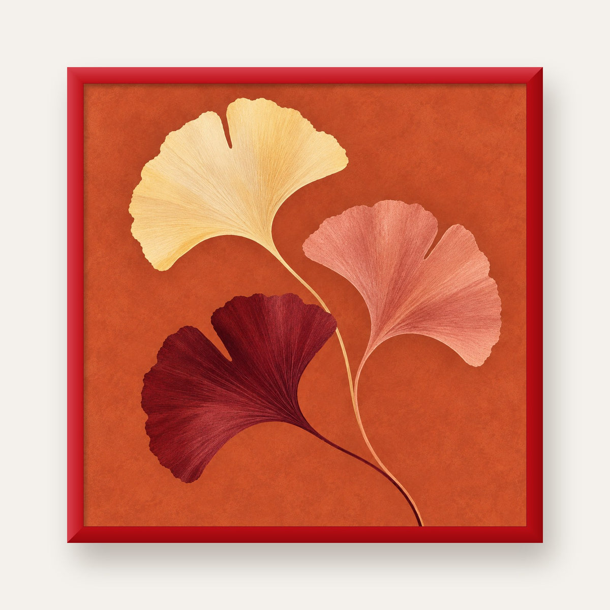 Terracotta Ginkgo Yaprakları Botanik Poster — kırmızı çerçeveli