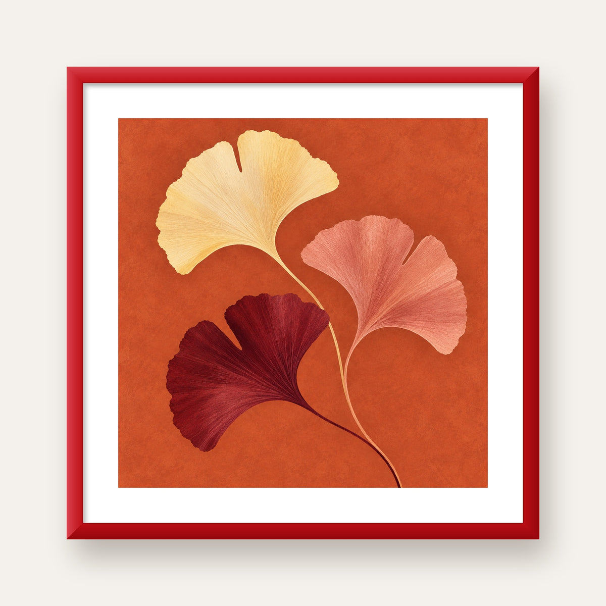 Terracotta Ginkgo Yaprakları Botanik Poster — kırmızı çerçeveli paspartulu