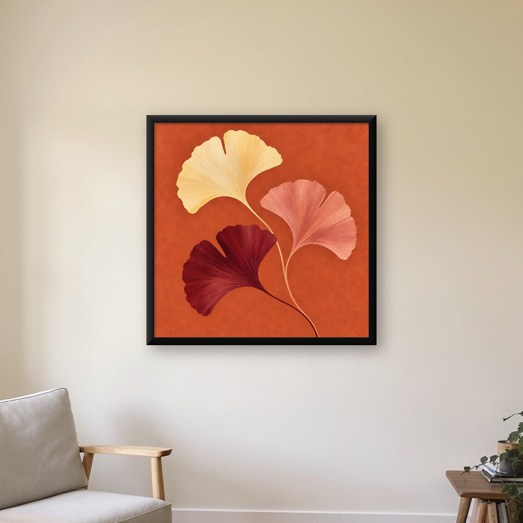 Soyut Gingko Yaprakları Modern Sanat Poster — Kare baskı, çerçeveli hâliyle bir ev duvarında